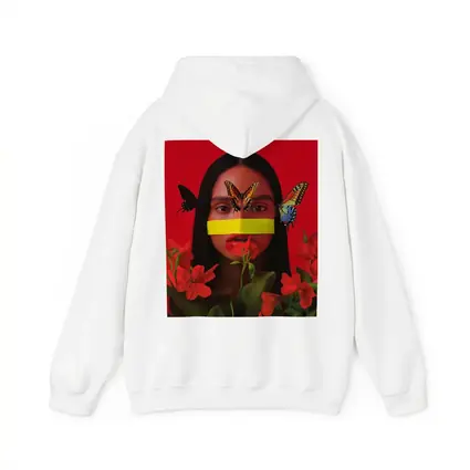 Woman Butterflies Red Flowers Bold Portrait
