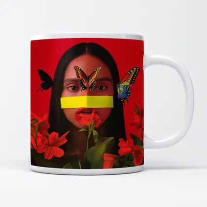 Woman Butterflies Red Flowers Bold Portrait