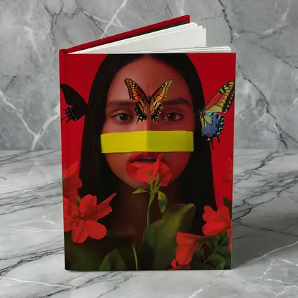 Woman Butterflies Red Flowers Bold Portrait