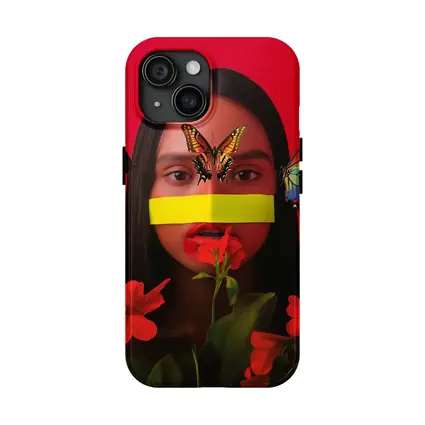 Woman Butterflies Red Flowers Bold Portrait