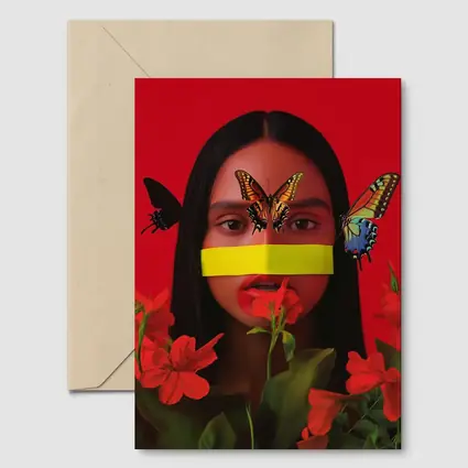 Woman Butterflies Red Flowers Bold Portrait
