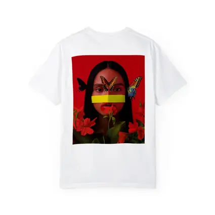 Woman Butterflies Red Flowers Bold Portrait