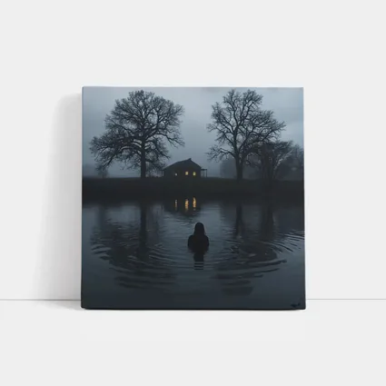 Dark Foggy Lake Woman Glowing House Night