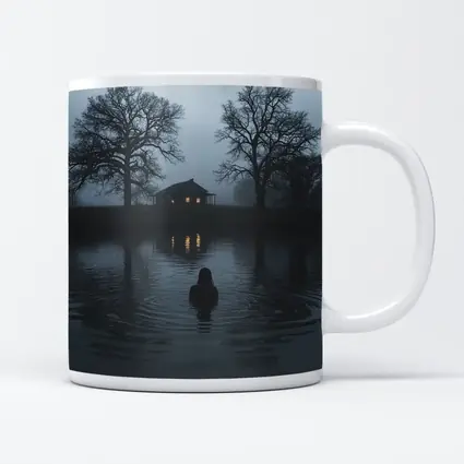 Dark Foggy Lake Woman Glowing House Night