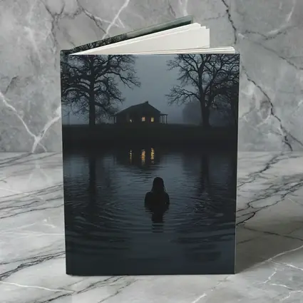 Dark Foggy Lake Woman Glowing House Night