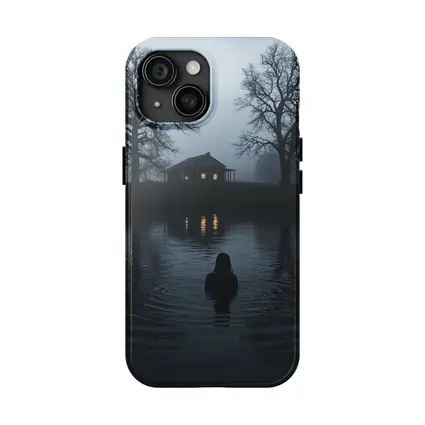 Dark Foggy Lake Woman Glowing House Night