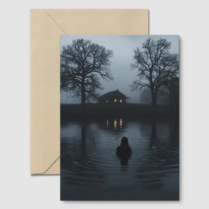Dark Foggy Lake Woman Glowing House Night
