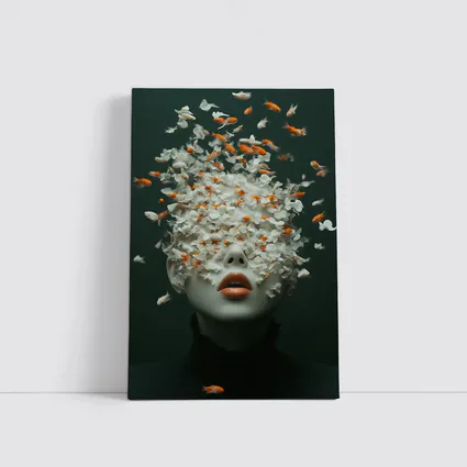 Woman Face Goldfish Flowers Surreal Dark Background