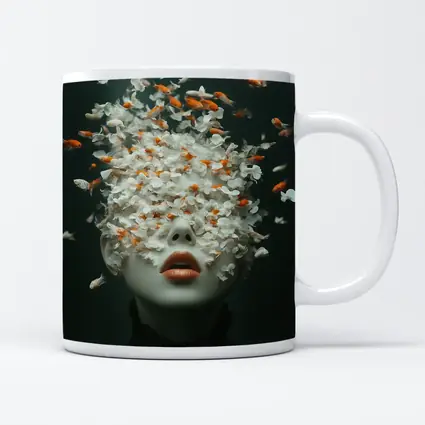 Woman Face Goldfish Flowers Surreal Dark Background
