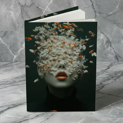 Woman Face Goldfish Flowers Surreal Dark Background