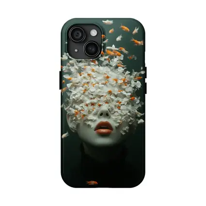 Woman Face Goldfish Flowers Surreal Dark Background