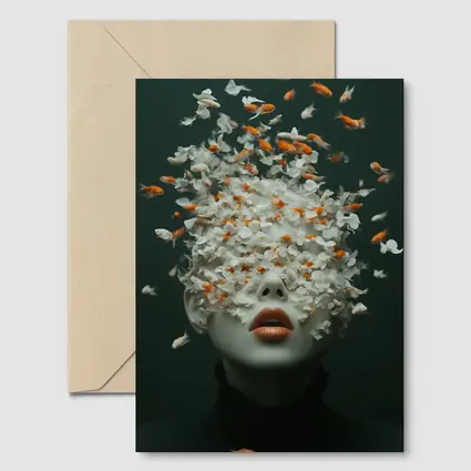 Woman Face Goldfish Flowers Surreal Dark Background