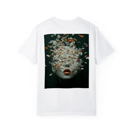 Woman Face Goldfish Flowers Surreal Dark Background