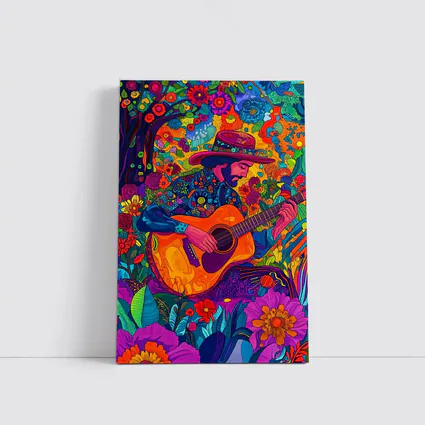 Guitarist in Hat Surrounded by Colorful Flowers