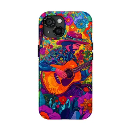 Guitarist in Hat Surrounded by Colorful Flowers
