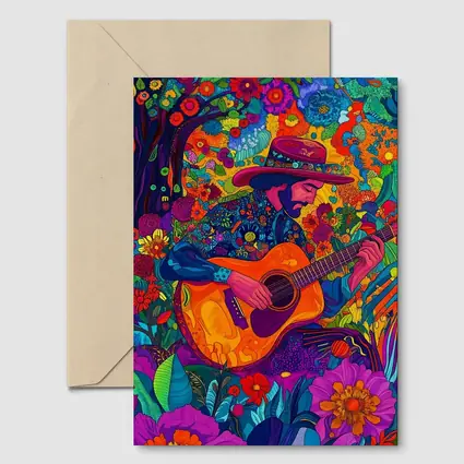 Guitarist in Hat Surrounded by Colorful Flowers