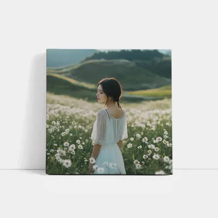 Woman White Dress Daisy Flower Field Hills