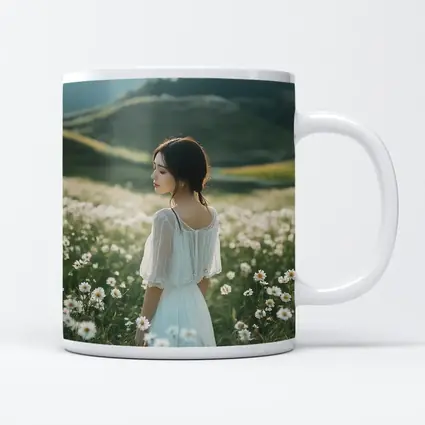 Woman White Dress Daisy Flower Field Hills