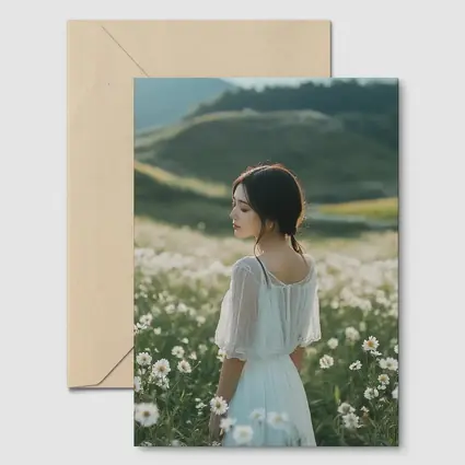 Woman White Dress Daisy Flower Field Hills