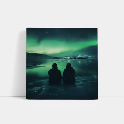 Two Silhouettes Watching Northern Lights Iceland