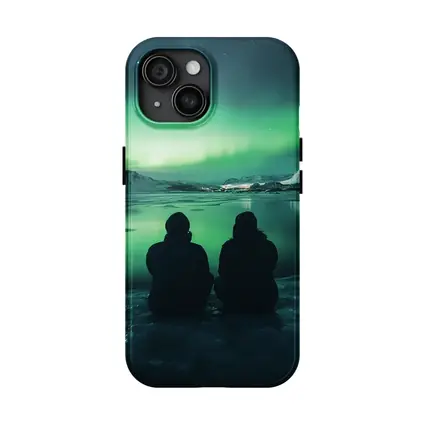 Two Silhouettes Watching Northern Lights Iceland