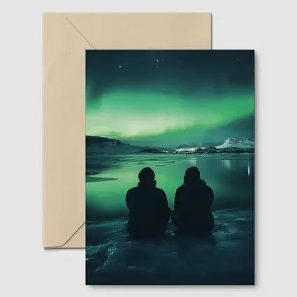 Two Silhouettes Watching Northern Lights Iceland