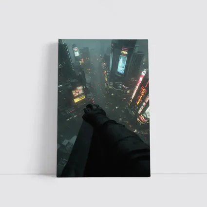 Dark Figure Overlooking Rainy Neon City Streets