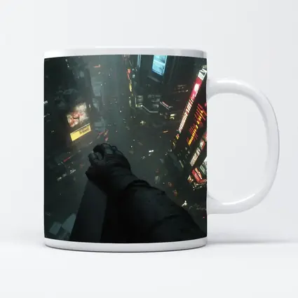 Dark Figure Overlooking Rainy Neon City Streets
