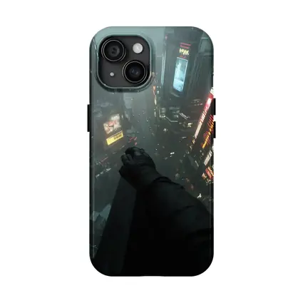 Dark Figure Overlooking Rainy Neon City Streets