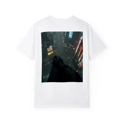 Dark Figure Overlooking Rainy Neon City Streets