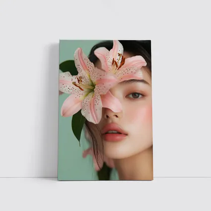 Asian Woman Portrait Pink Lily Flower