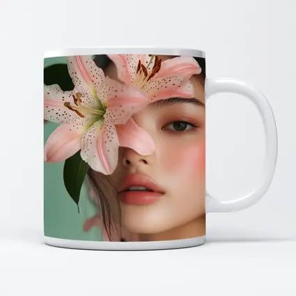 Asian Woman Portrait Pink Lily Flower