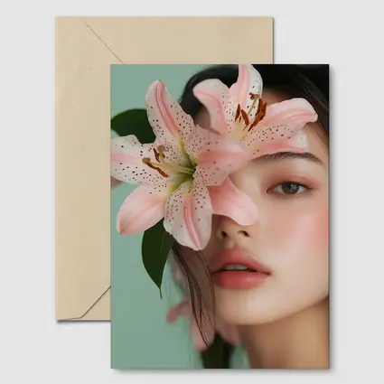 Asian Woman Portrait Pink Lily Flower