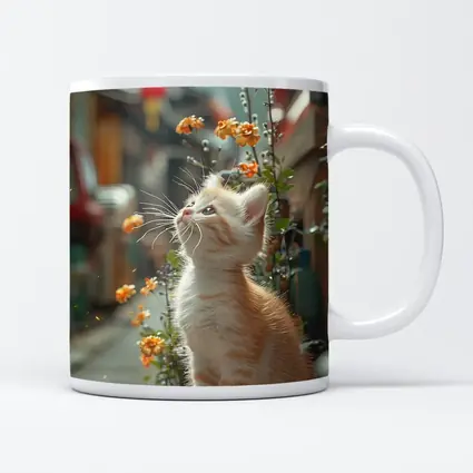 Ginger Kitten Sitting By Street Flowers