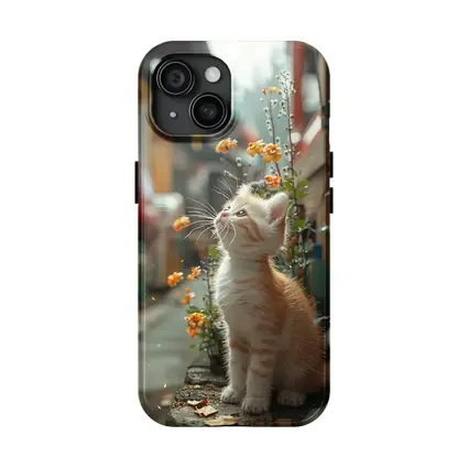 Ginger Kitten Sitting By Street Flowers