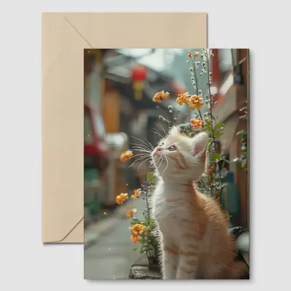 Ginger Kitten Sitting By Street Flowers