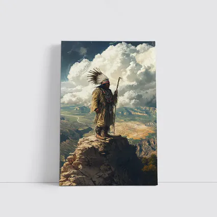 Native American Chief Standing On Rocky Cliff