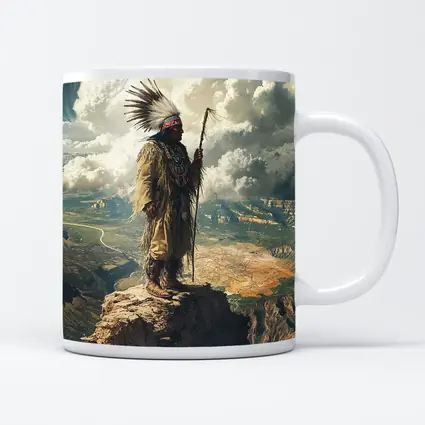 Native American Chief Standing On Rocky Cliff