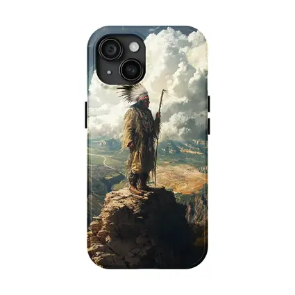 Native American Chief Standing On Rocky Cliff