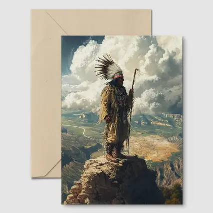 Native American Chief Standing On Rocky Cliff