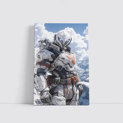 Futuristic Armored Warrior Snowy Mountain Background