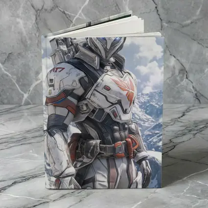 Futuristic Armored Warrior Snowy Mountain Background