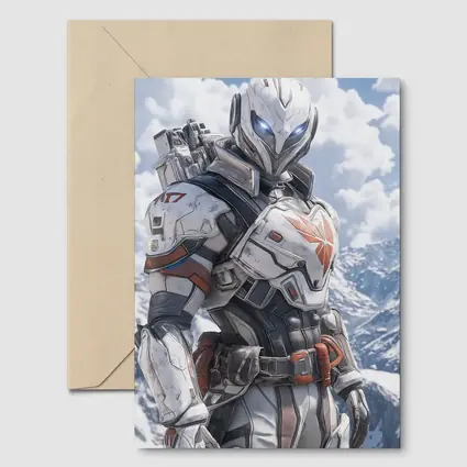 Futuristic Armored Warrior Snowy Mountain Background