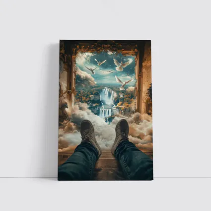 Surreal Waterfall View Doves Clouds Fantasy