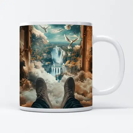 Surreal Waterfall View Doves Clouds Fantasy