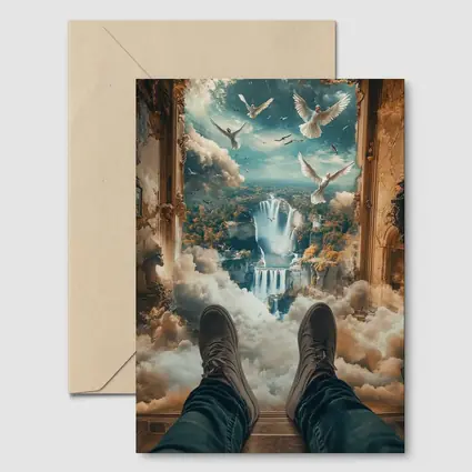 Surreal Waterfall View Doves Clouds Fantasy