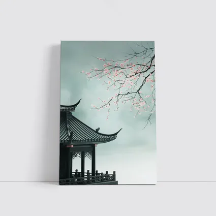 Chinese Pagoda Cherry Blossoms Misty Sky