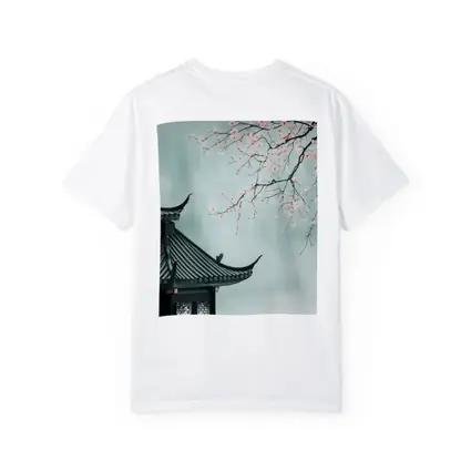 Chinese Pagoda Cherry Blossoms Misty Sky