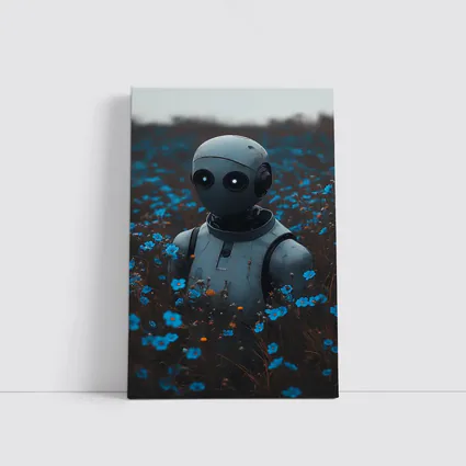 Lonely Robot Standing in Blue Flower Field