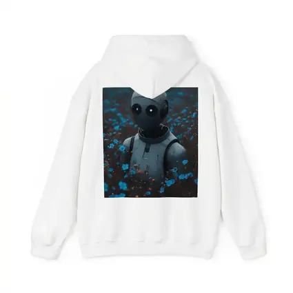 Lonely Robot Standing in Blue Flower Field